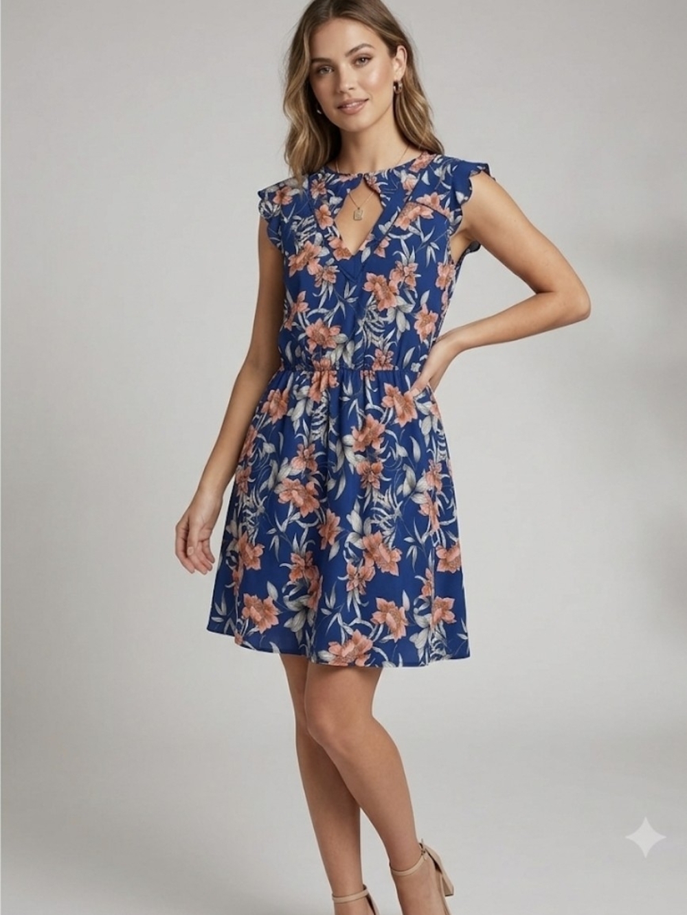 41 Hawthorn Blue Floral Keyhole Waist-Defined Dress
